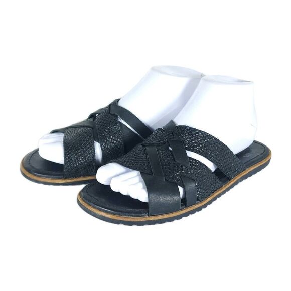 Sorel Women's Ella US7 Black Leather Crisscross Strap Flat Slide Sandals Shoes - Picture 1 of 16